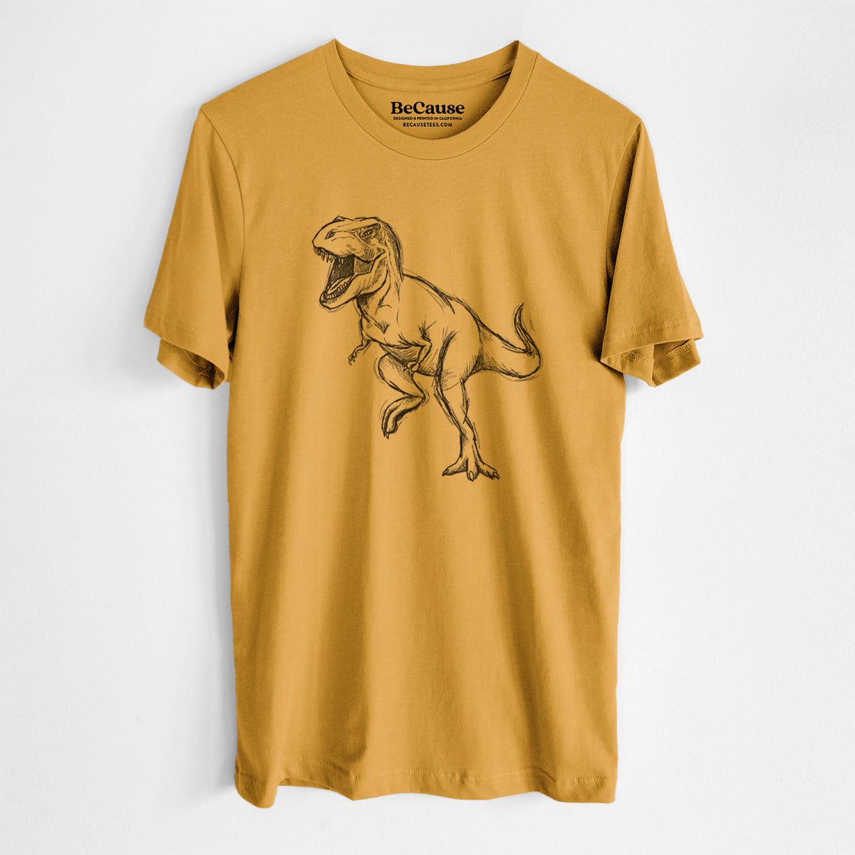 Mustard yellow lightweight cotton t-shirt laid flat, printed with a black ink illustration of a Tyrannosaurus rex roaring.