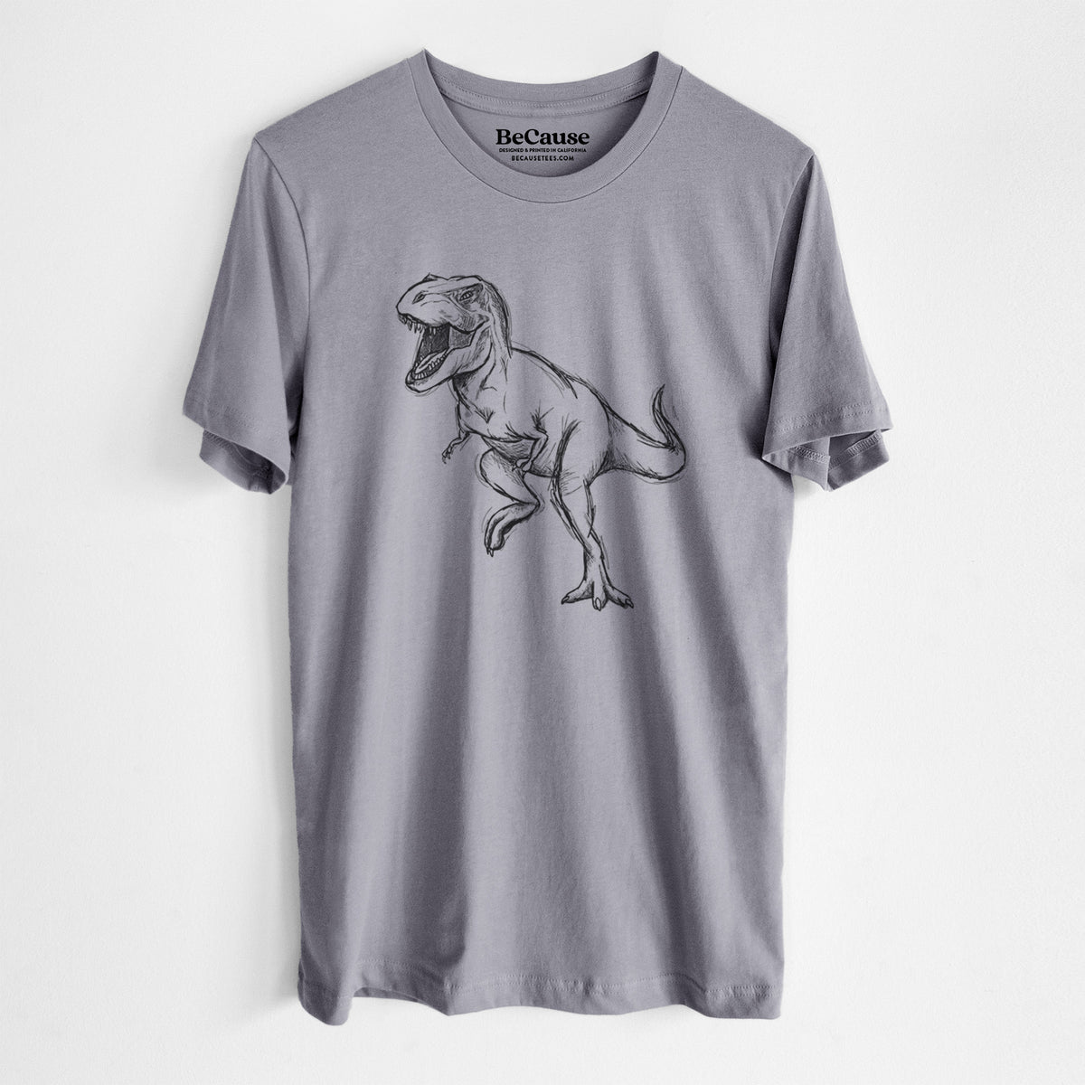 Storm grey lightweight cotton t-shirt laid flat, printed with a black ink illustration of a Tyrannosaurus rex roaring.