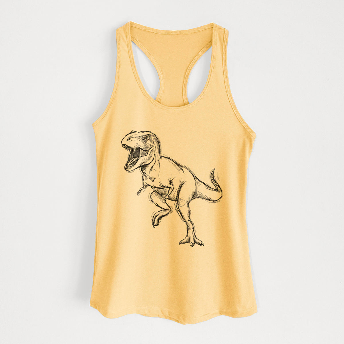Banana cream women's racerback tank top laid flat, printed with a black ink illustration of a Tyrannosaurus rex roaring.