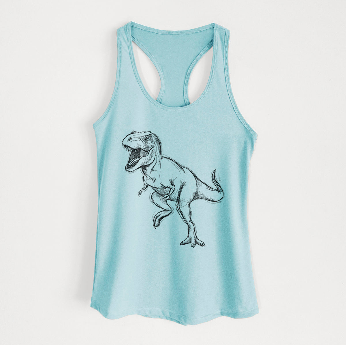 Cancun blue women's racerback tank top laid flat, printed with a black ink illustration of a Tyrannosaurus rex roaring.