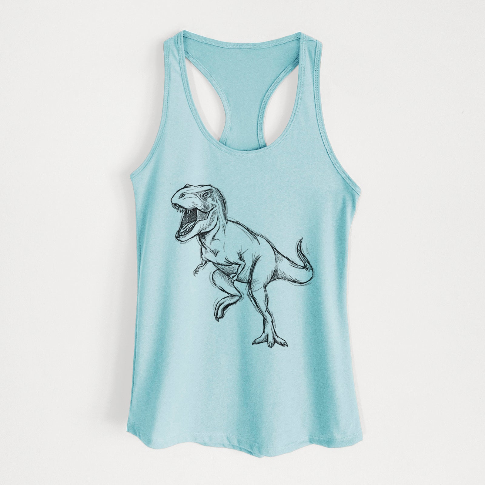 Banana cream women's racerback tank top laid flat, printed with a black ink illustration of a Tyrannosaurus rex roaring.