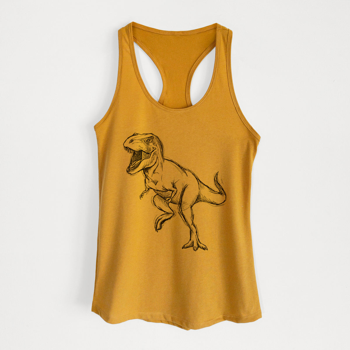 Gold women's racerback tank top laid flat, printed with a black ink illustration of a Tyrannosaurus rex roaring.