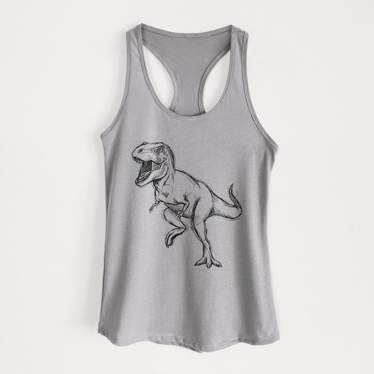 Heather grey women's racerback tank top laid flat, printed with a black ink illustration of a Tyrannosaurus rex roaring.