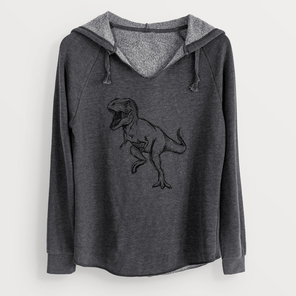 Charcoal grey women's Cali Wave hooded sweatshirt laid flat, printed with a black ink illustration of a Tyrannosaurus rex roaring.