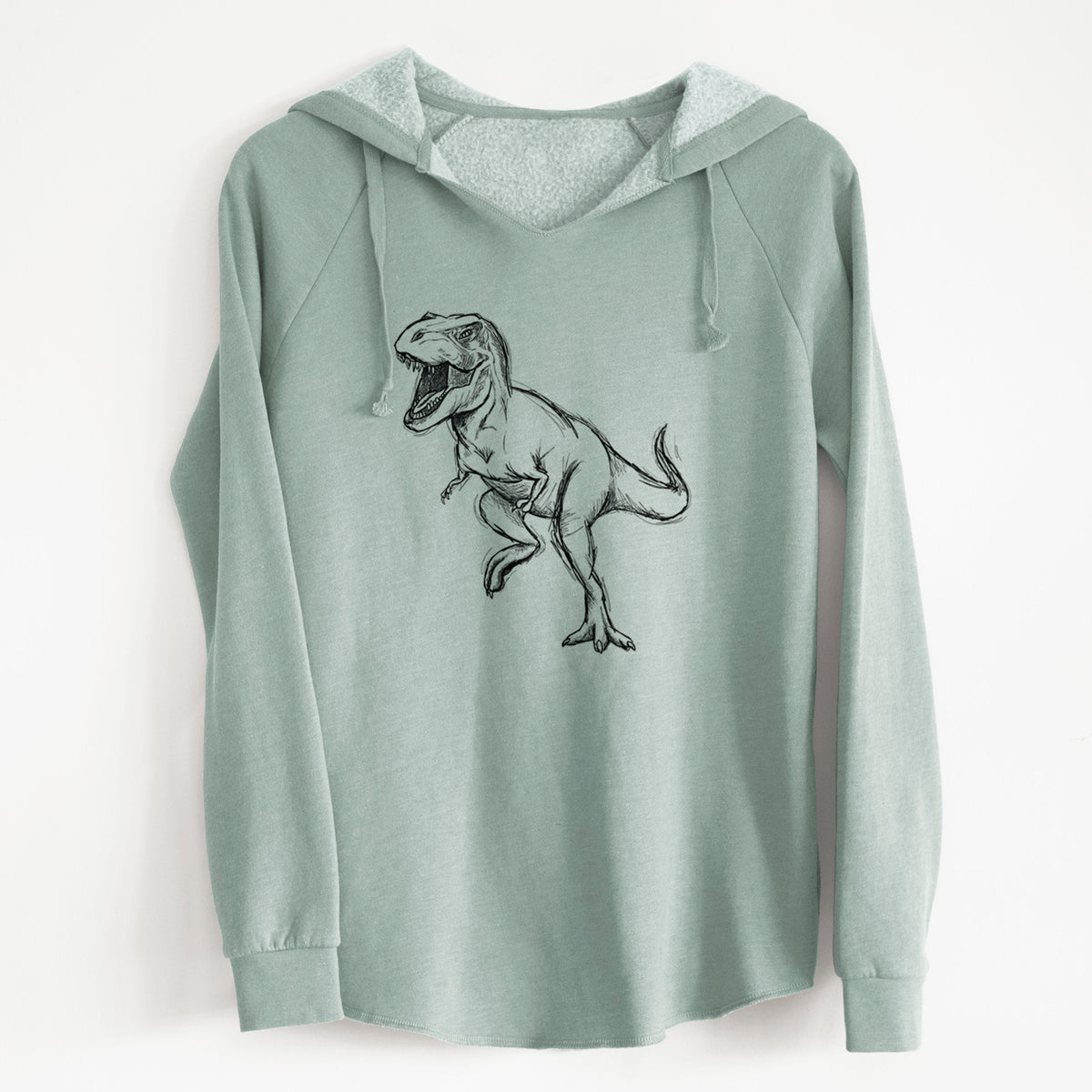 Sage green women's Cali Wave hooded sweatshirt laid flat, printed with a black ink illustration of a Tyrannosaurus rex roaring.