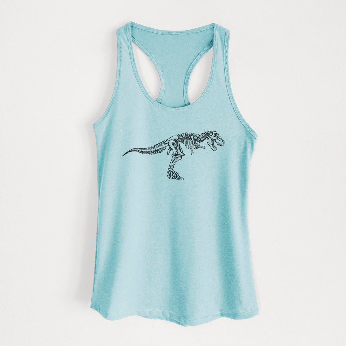 Cancun blue women's racerback tank top laid flat, printed with a black ink illustration of a Tyrannosaurus rex skeleton.