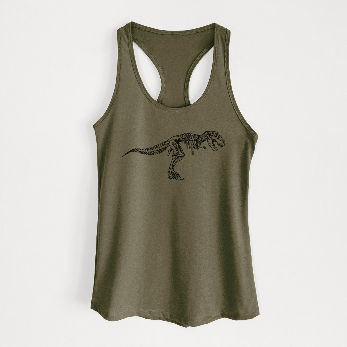 Military green women's racerback tank top laid flat, printed with a black ink illustration of a Tyrannosaurus rex skeleton.