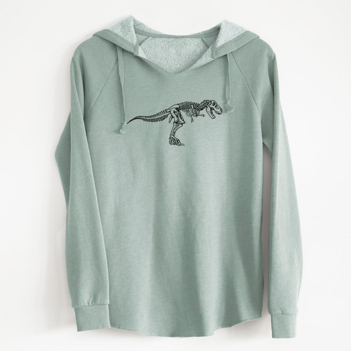Sage green women's Cali Wave hooded sweatshirt laid flat, printed with a black ink illustration of a Tyrannosaurus rex skeleton.