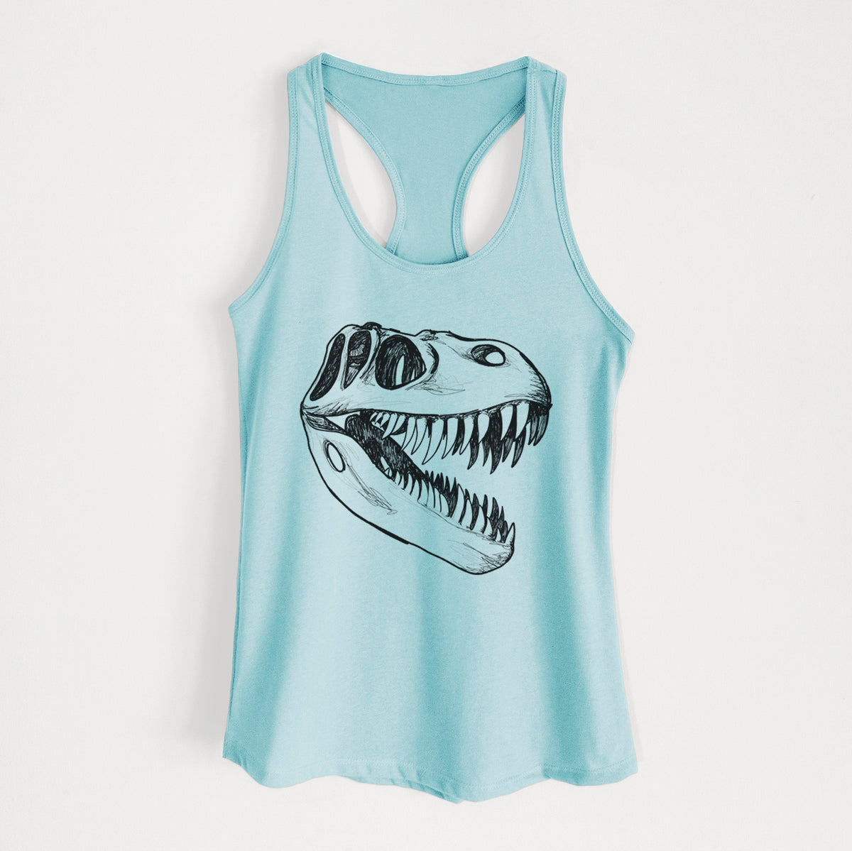Cancun blue women's racerback tank top laid flat, printed with a black ink illustration of a Tyrannosaurus rex skull with sharp teeth.