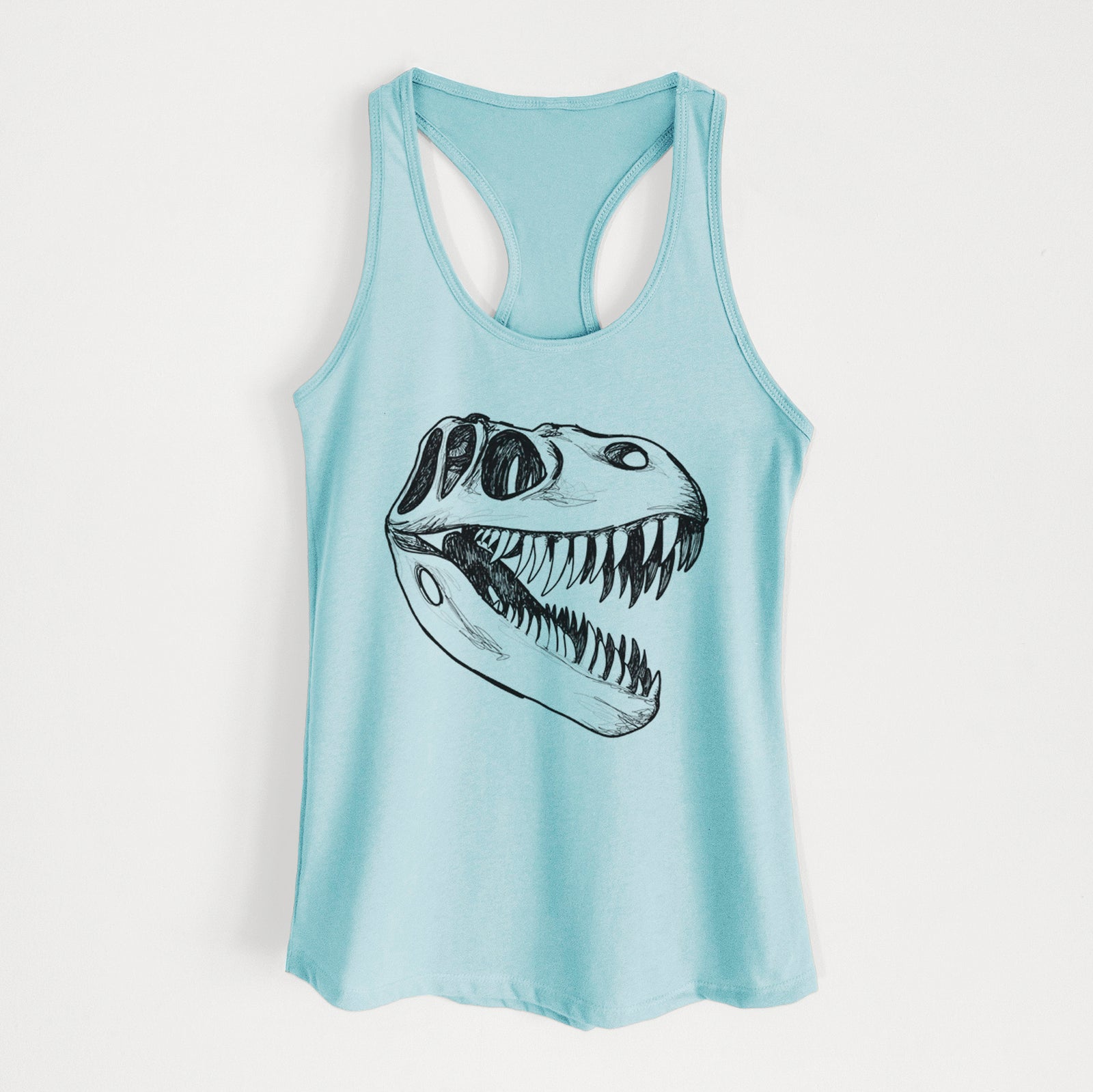 Banana cream women's racerback tank top laid flat, printed with a black ink illustration of a Tyrannosaurus rex skull with sharp teeth.
