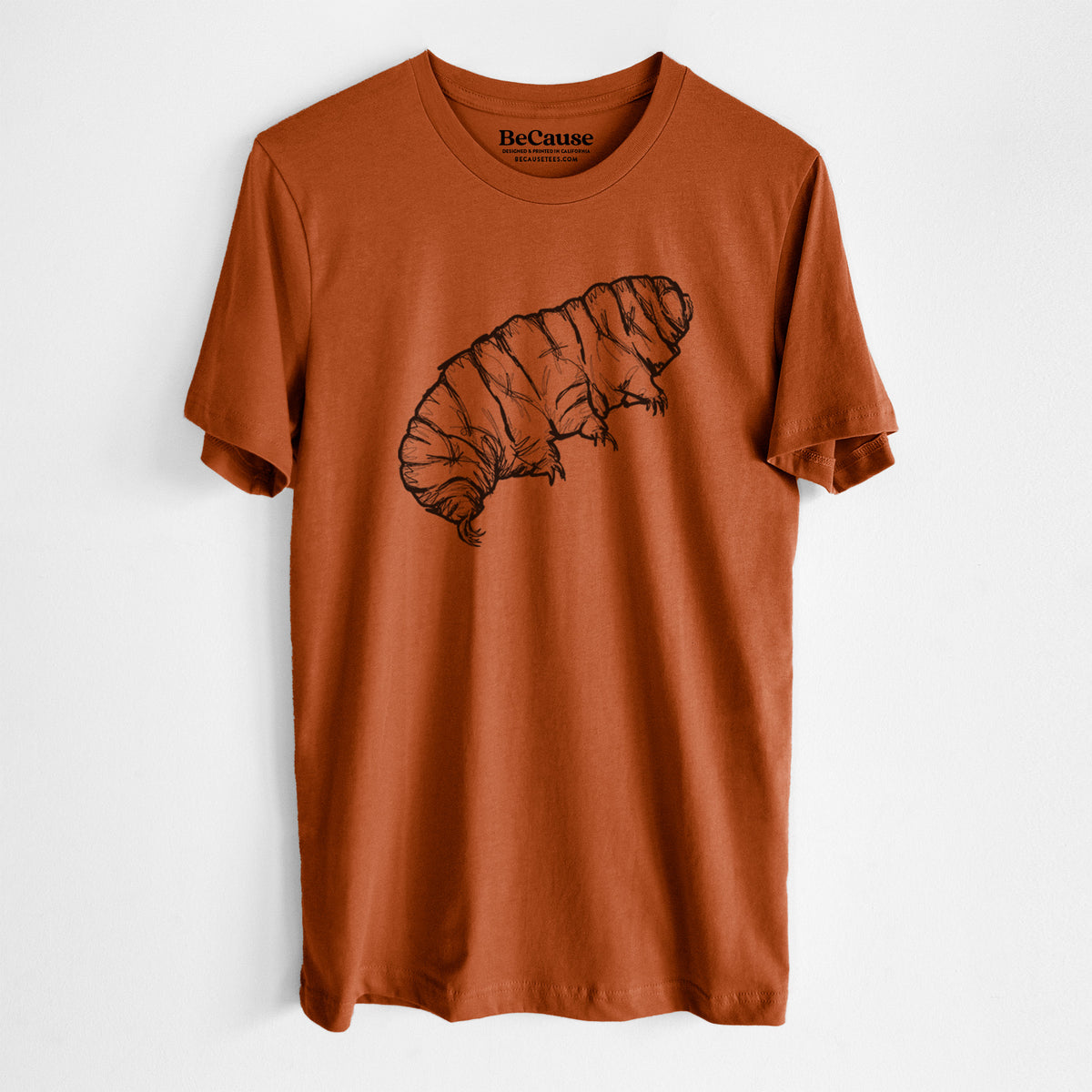 Autumn lightweight cotton t-shirt laid flat, printed with a detailed black ink illustration of a tardigrade, or water bear.