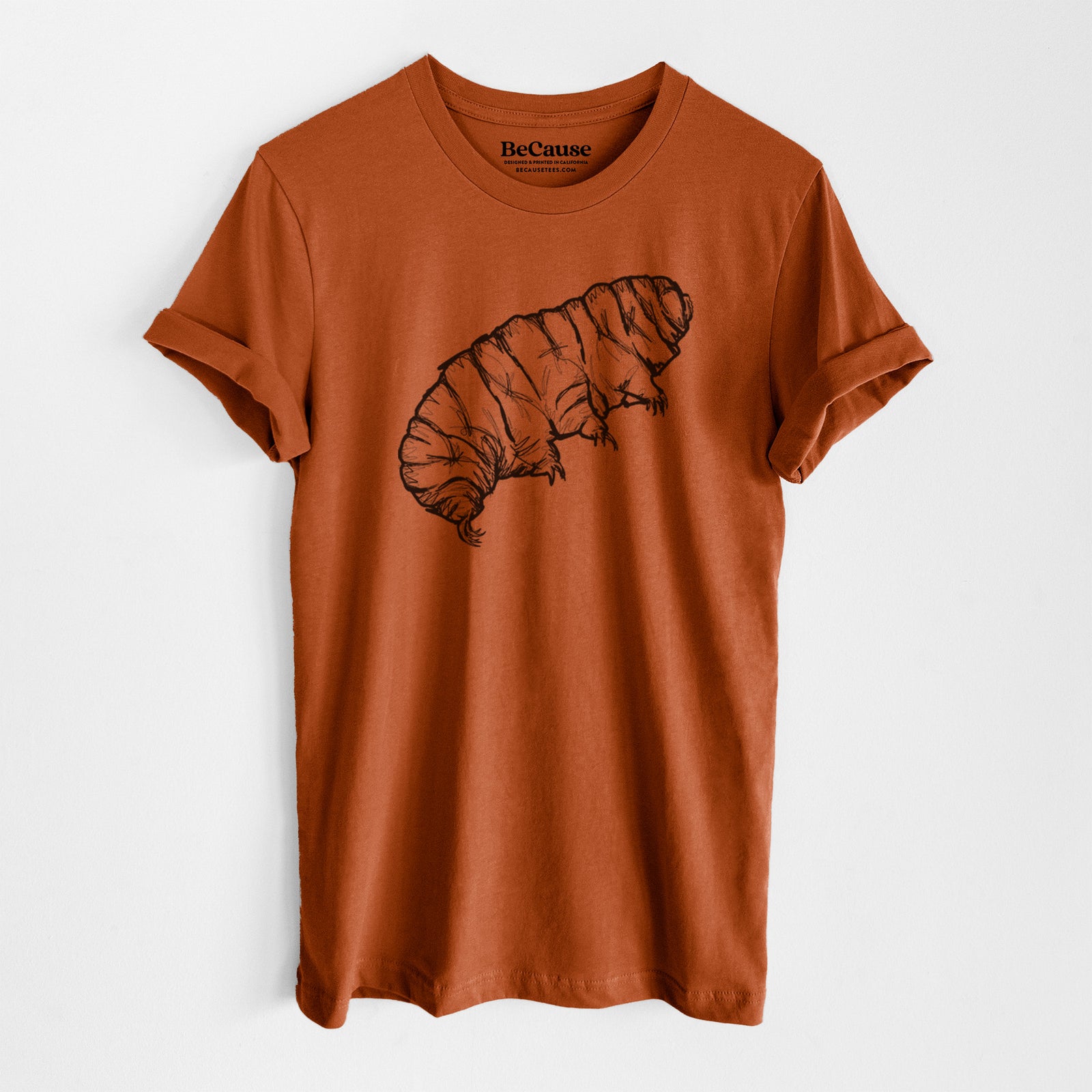 Autumn lightweight cotton t-shirt laid flat, printed with a detailed black ink illustration of a tardigrade, or water bear.