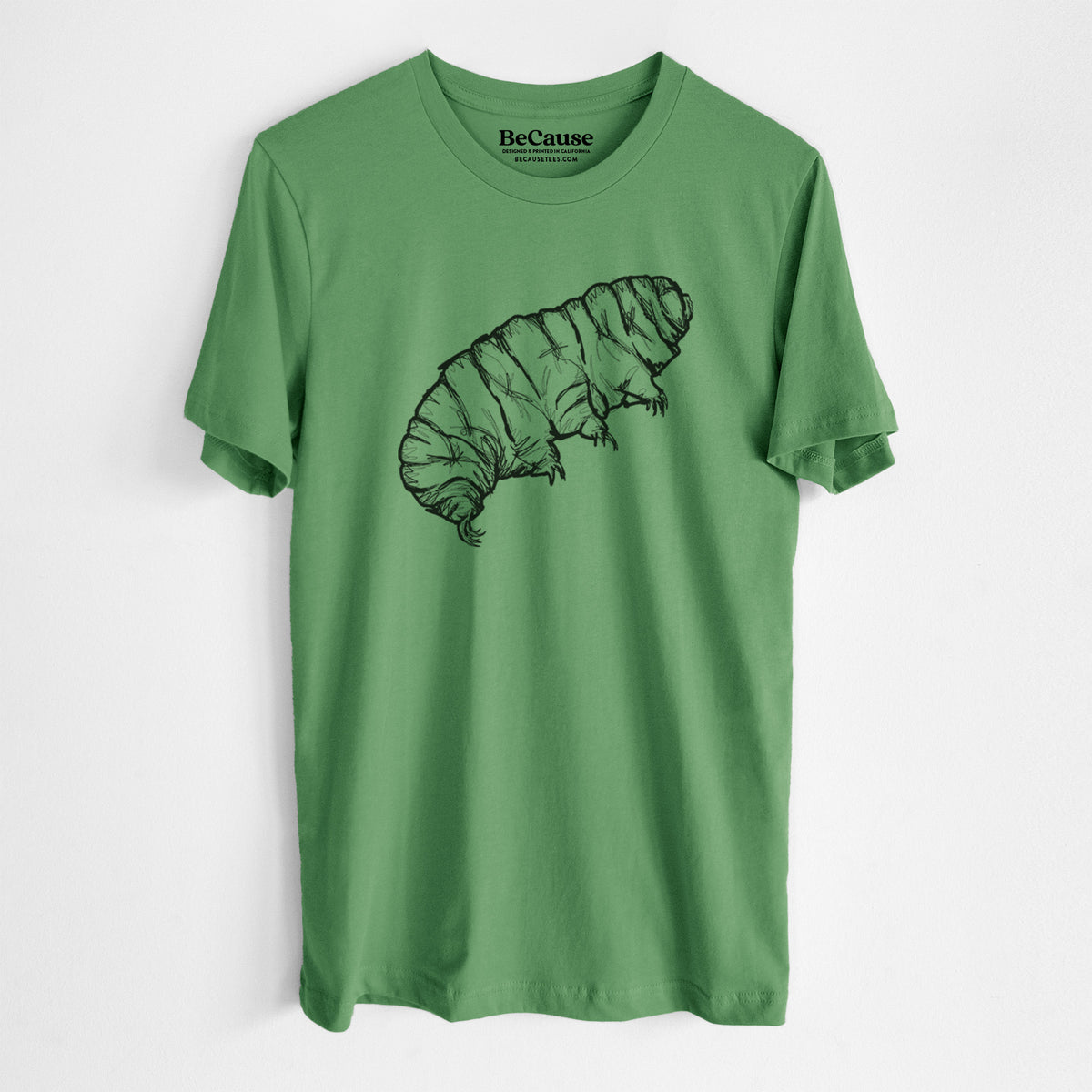 Leaf green lightweight cotton t-shirt laid flat, printed with a detailed black ink illustration of a tardigrade, or water bear.
