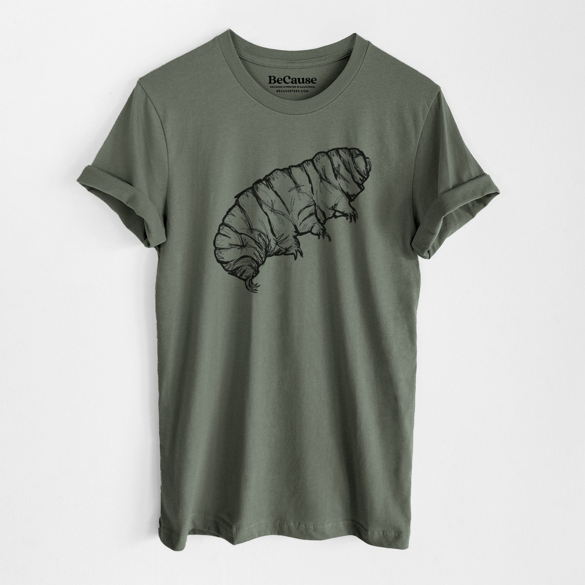 Military green lightweight cotton t-shirt laid flat, printed with a detailed black ink illustration of a tardigrade, or water bear.