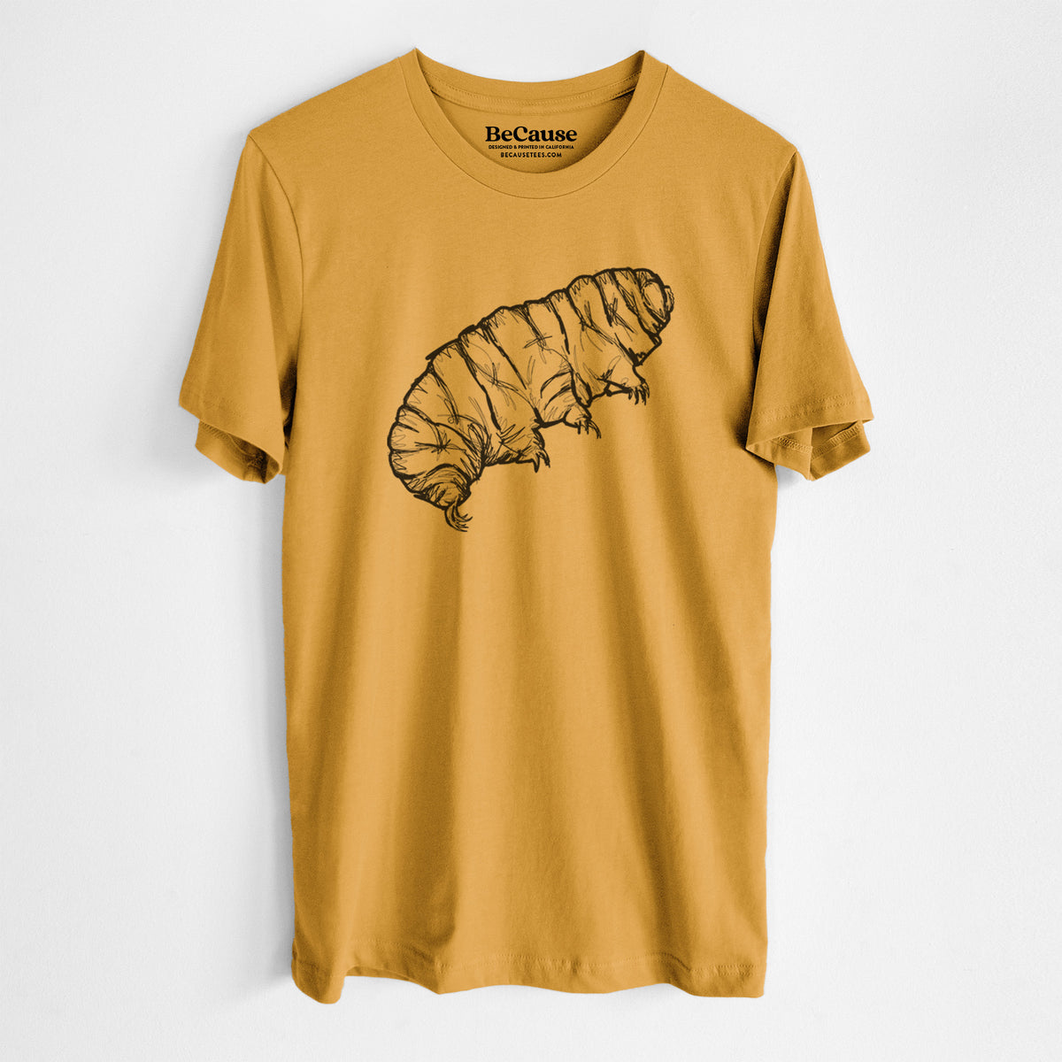 Mustard yellow lightweight cotton t-shirt laid flat, printed with a detailed black ink illustration of a tardigrade, or water bear.