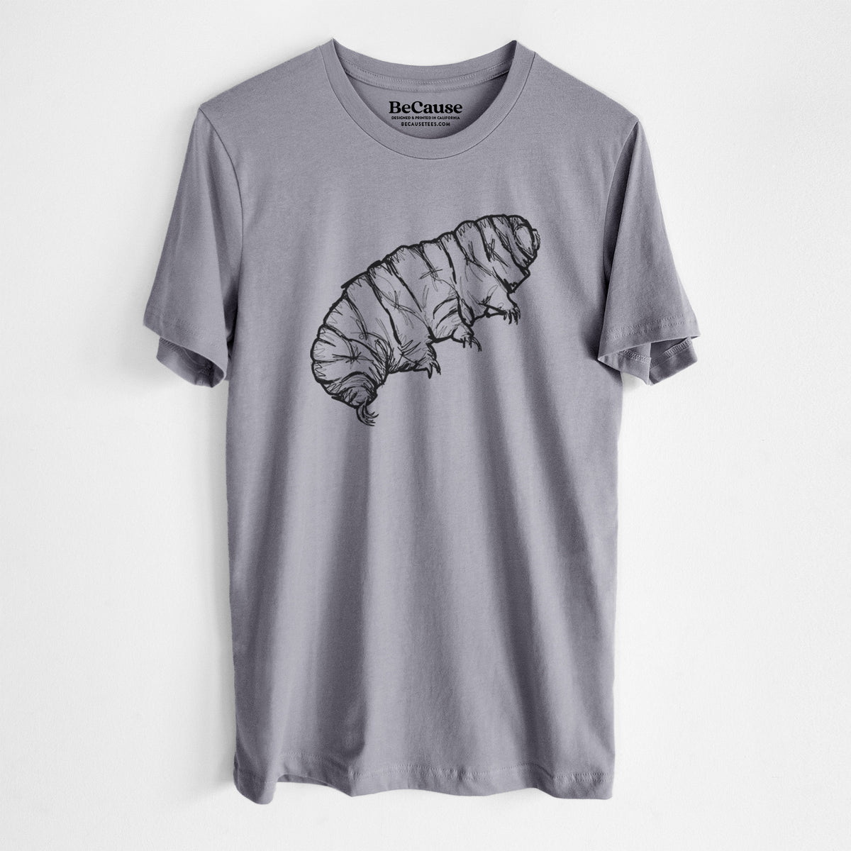 Storm grey lightweight cotton t-shirt laid flat, printed with a detailed black ink illustration of a tardigrade, or water bear.