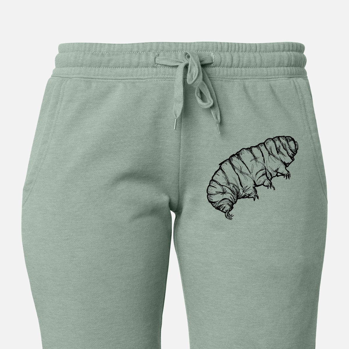 Front of sage green Cali Wave sweatpants, printed with a detailed black ink illustration of a tardigrade, or water bear on the leg.