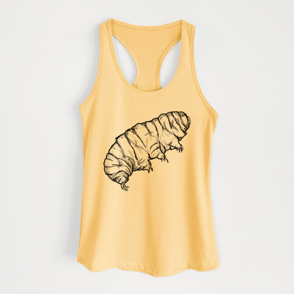 Banana cream women's racerback tank top laid flat, printed with a detailed black ink illustration of a tardigrade, or water bear.
