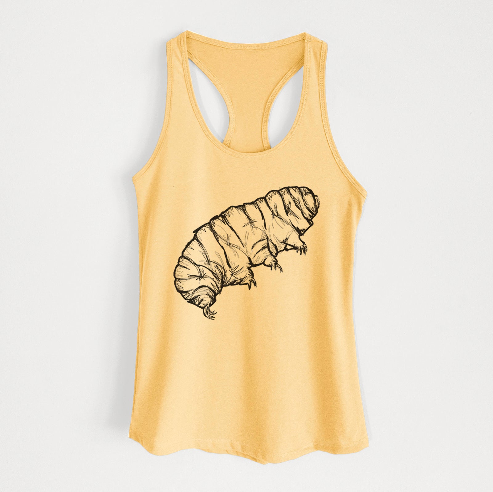 Banana cream women's racerback tank top laid flat, printed with a detailed black ink illustration of a tardigrade, or water bear.