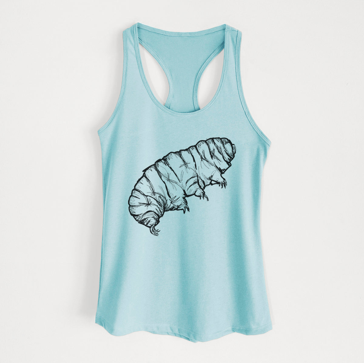 Cancun blue women's racerback tank top laid flat, printed with a detailed black ink illustration of a tardigrade, or water bear.