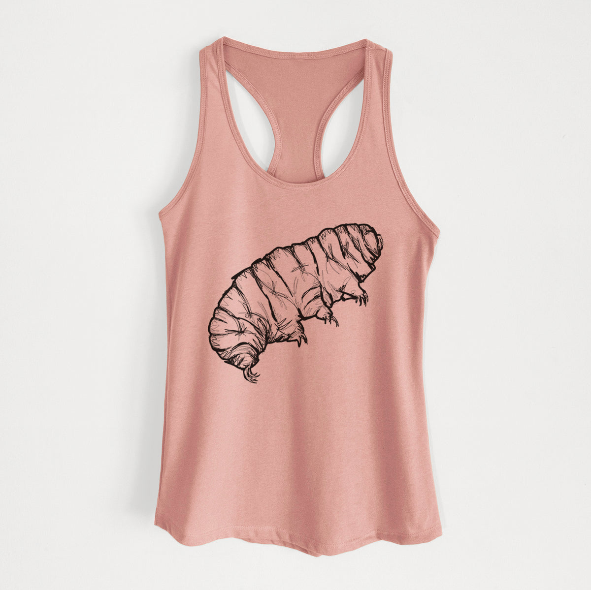 Desert pink women's racerback tank top laid flat, printed with a detailed black ink illustration of a tardigrade, or water bear.
