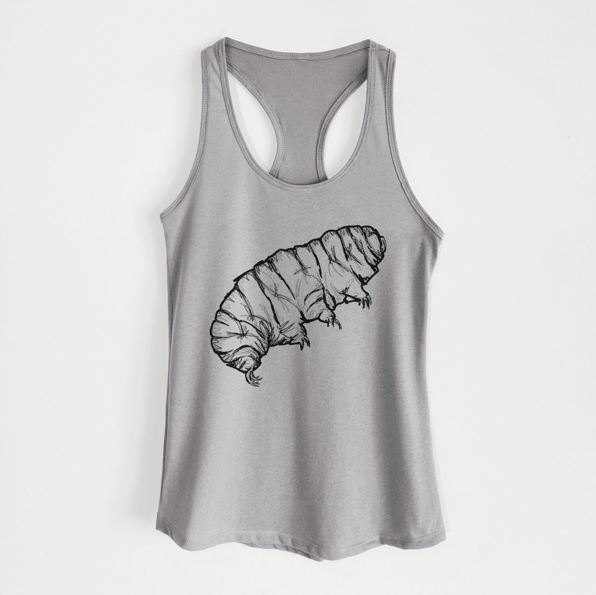 Heather grey women's racerback tank top laid flat, printed with a detailed black ink illustration of a tardigrade, or water bear.