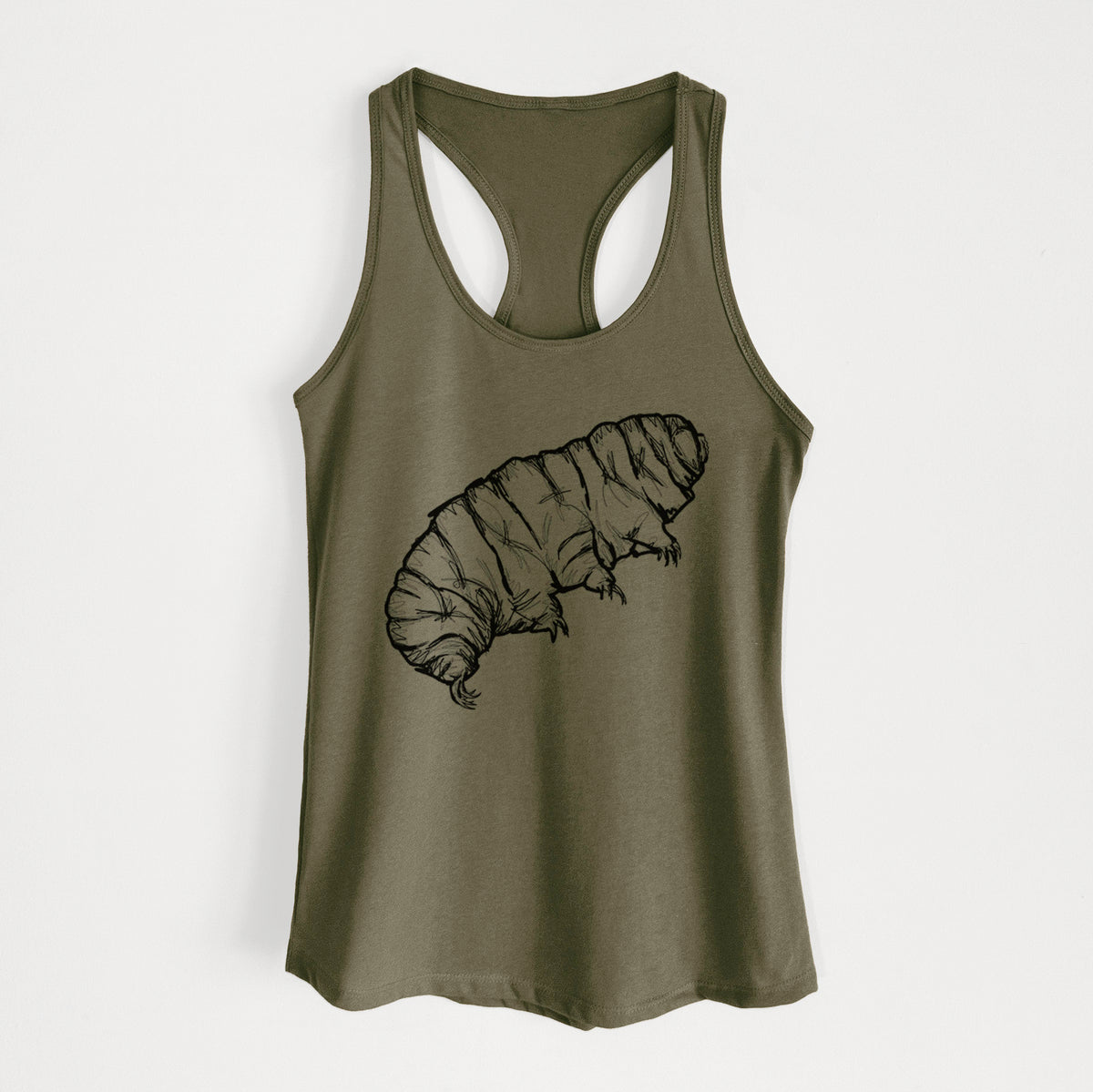 Military green women's racerback tank top laid flat, printed with a detailed black ink illustration of a tardigrade, or water bear.