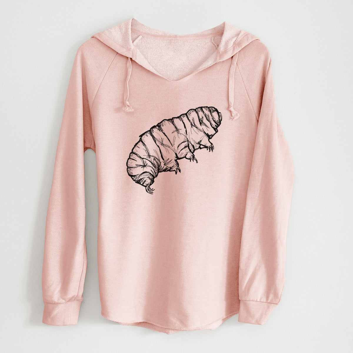 Blush pink women's Cali Wave hooded sweatshirt laid flat, printed with a detailed black ink illustration of a tardigrade, or water bear.