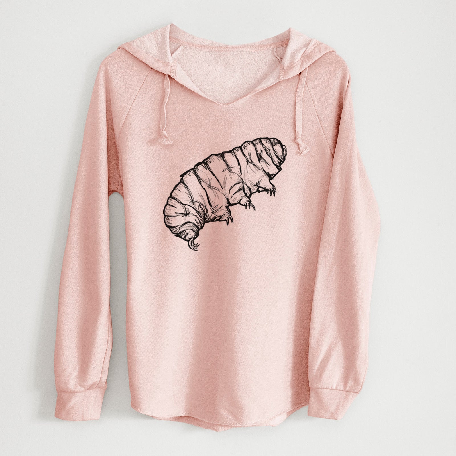 Sage green women's Cali Wave hooded sweatshirt laid flat, printed with a detailed black ink illustration of a tardigrade, or water bear.