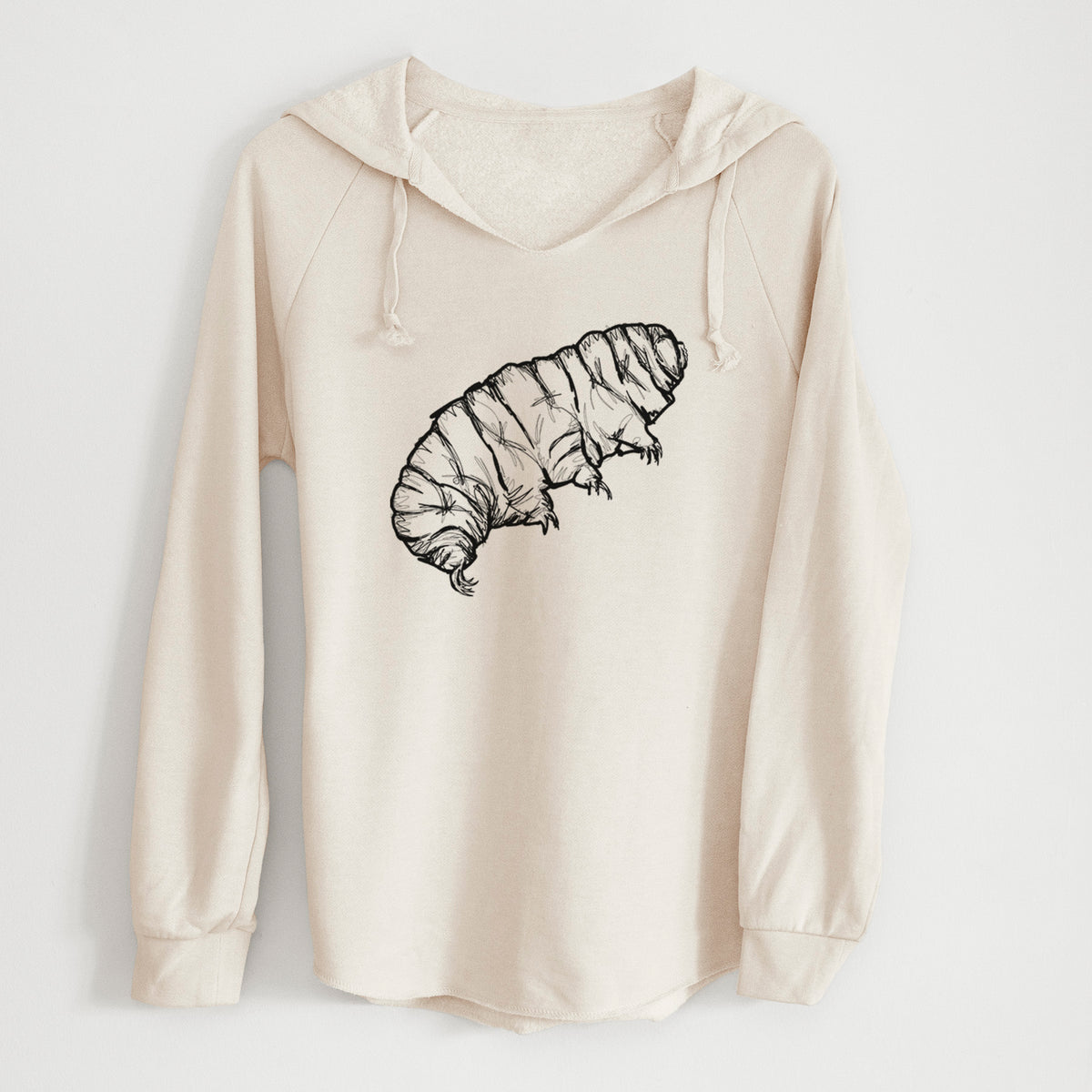 Bone cream women's Cali Wave hooded sweatshirt laid flat, printed with a detailed black ink illustration of a tardigrade, or water bear.