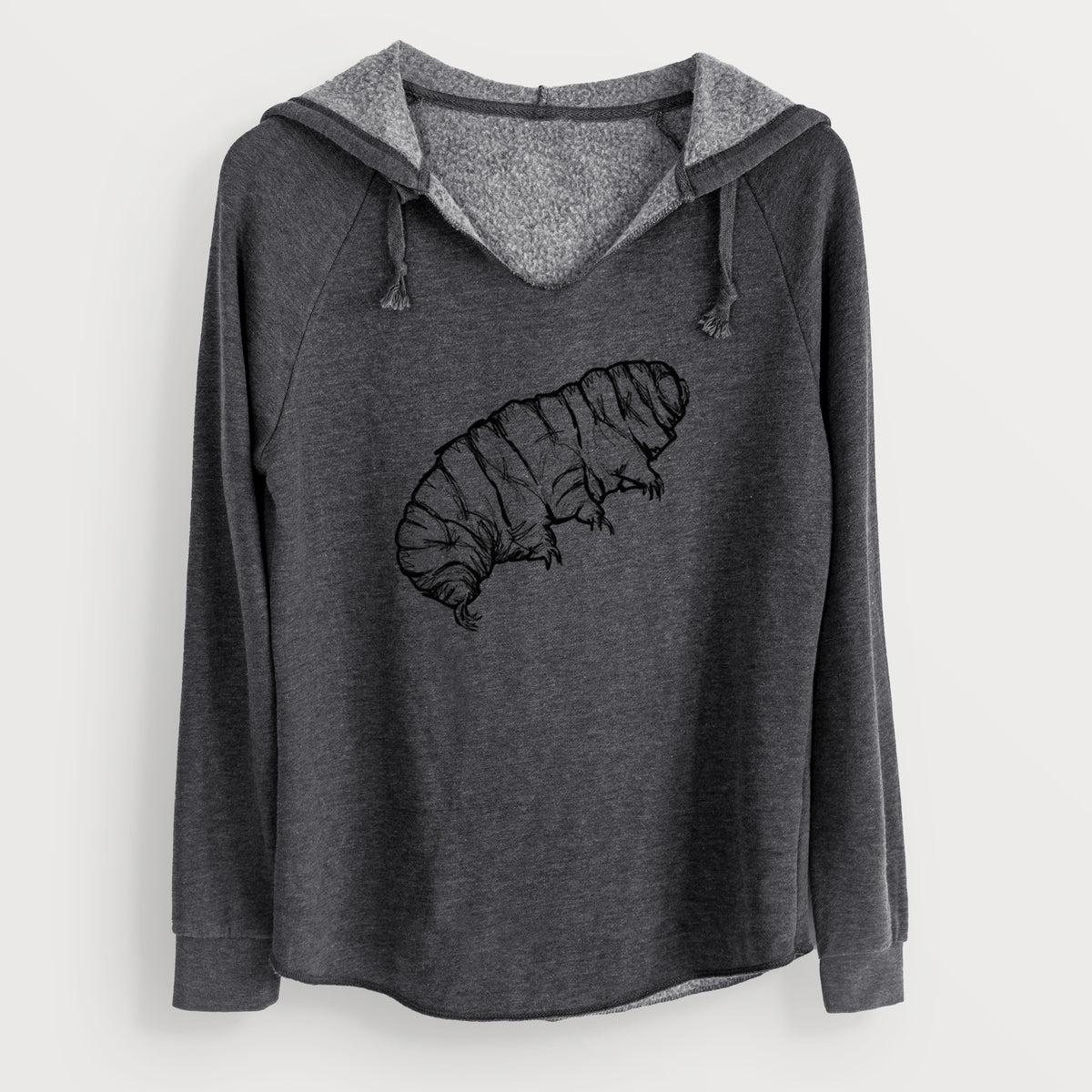 Charcoal grey women's Cali Wave hooded sweatshirt laid flat, printed with a detailed black ink illustration of a tardigrade, or water bear.