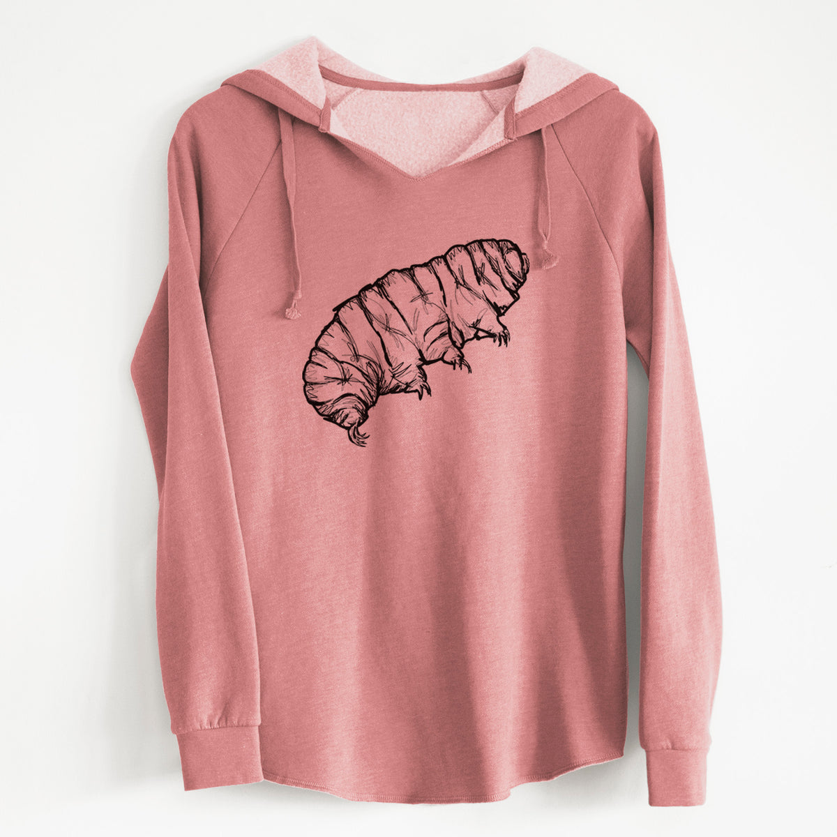 Dusty rose women's Cali Wave hooded sweatshirt laid flat, printed with a detailed black ink illustration of a tardigrade, or water bear.