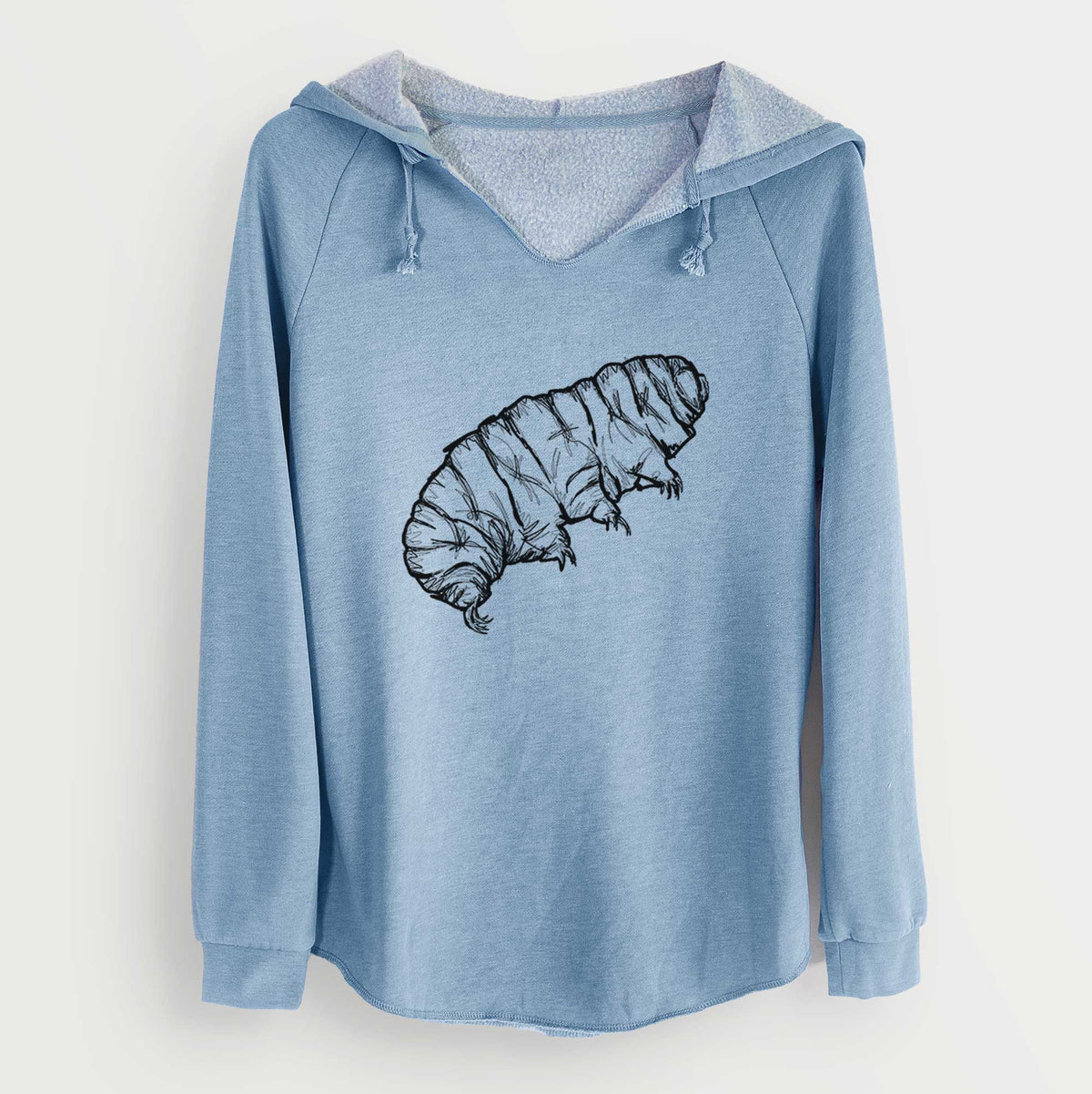 Misty blue women's Cali Wave hooded sweatshirt laid flat, printed with a detailed black ink illustration of a tardigrade, or water bear.