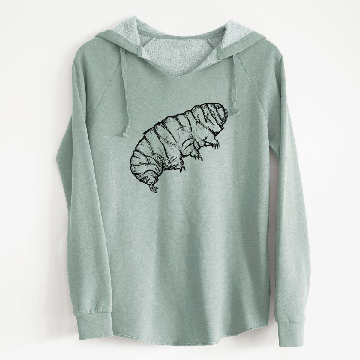 Sage green women's Cali Wave hooded sweatshirt laid flat, printed with a detailed black ink illustration of a tardigrade, or water bear.