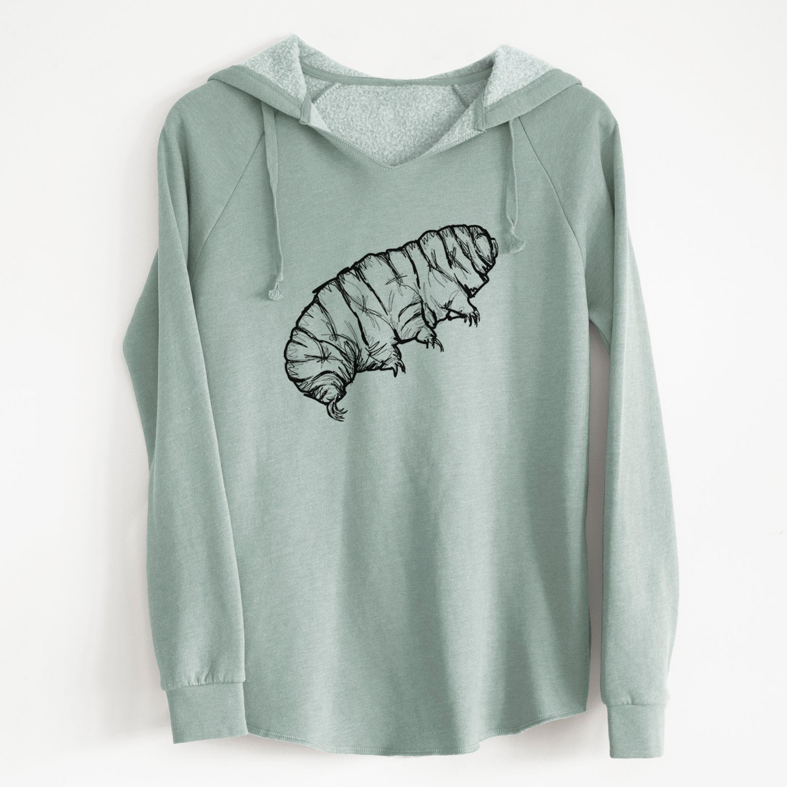 Sage green women's Cali Wave hooded sweatshirt laid flat, printed with a detailed black ink illustration of a tardigrade, or water bear.