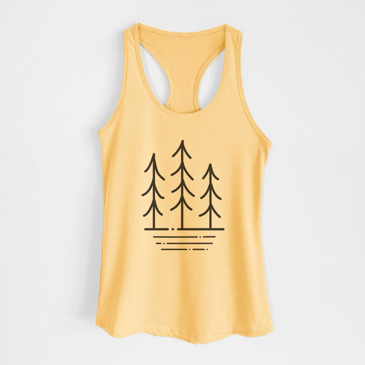 Banana cream women's racerback tank top laid flat, printed with black line art of three simple pine trees above horizontal lines.