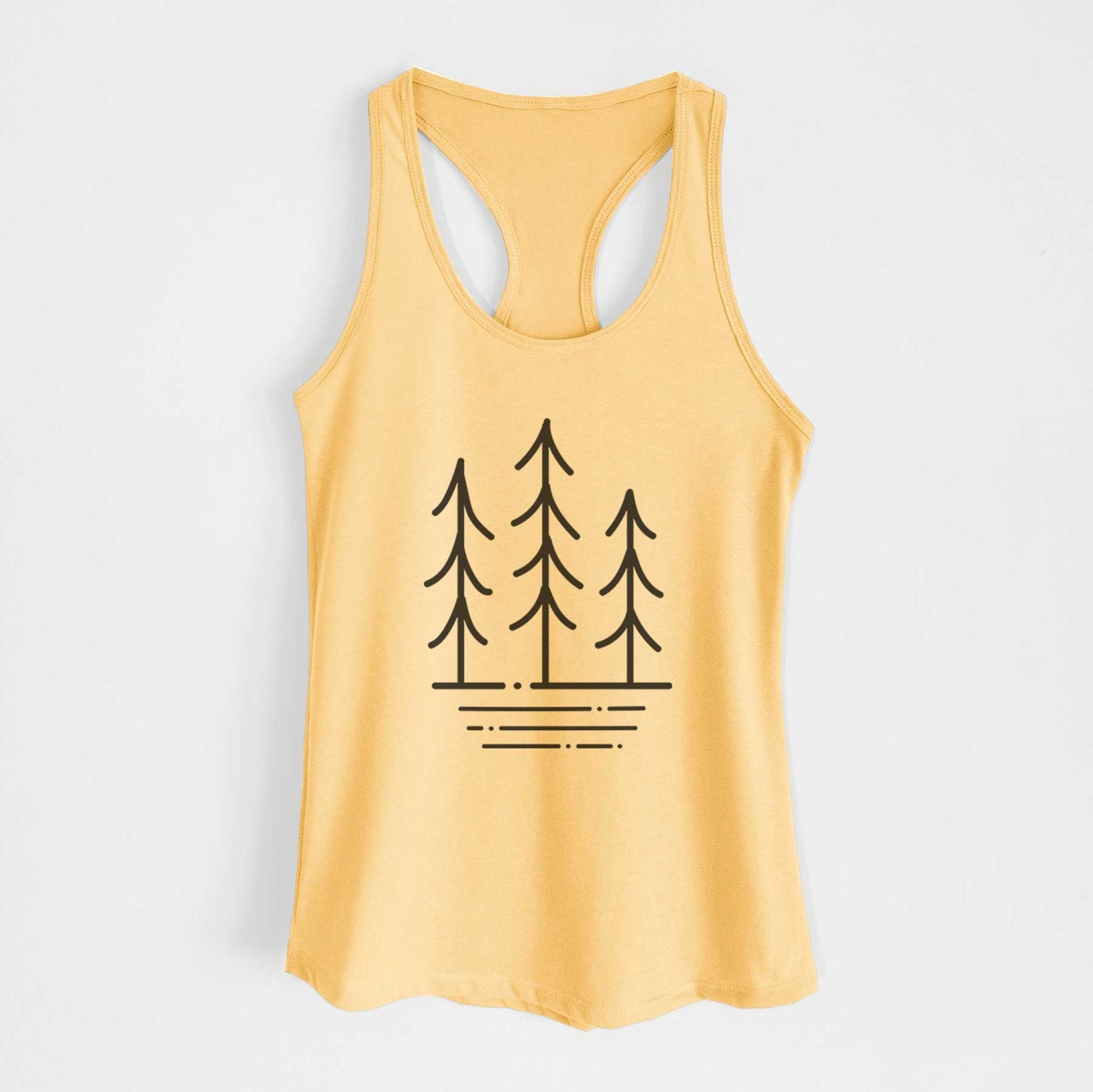 Banana cream women's racerback tank top laid flat, printed with black line art of three simple pine trees above horizontal lines.