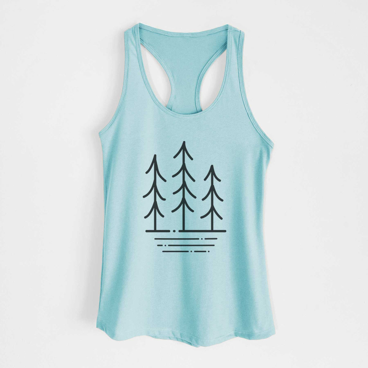 Cancun blue women's racerback tank top laid flat, printed with black line art of three simple pine trees above horizontal lines.