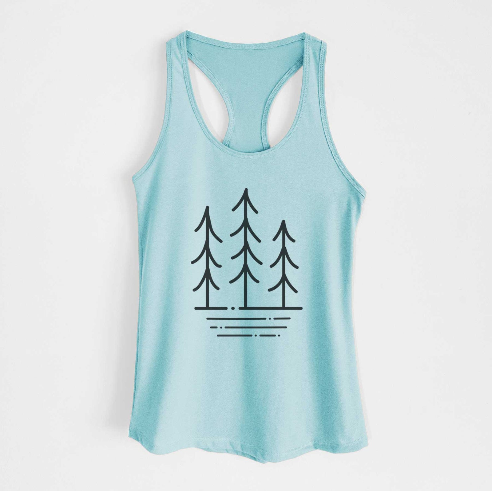 Banana cream women's racerback tank top laid flat, printed with black line art of three simple pine trees above horizontal lines.