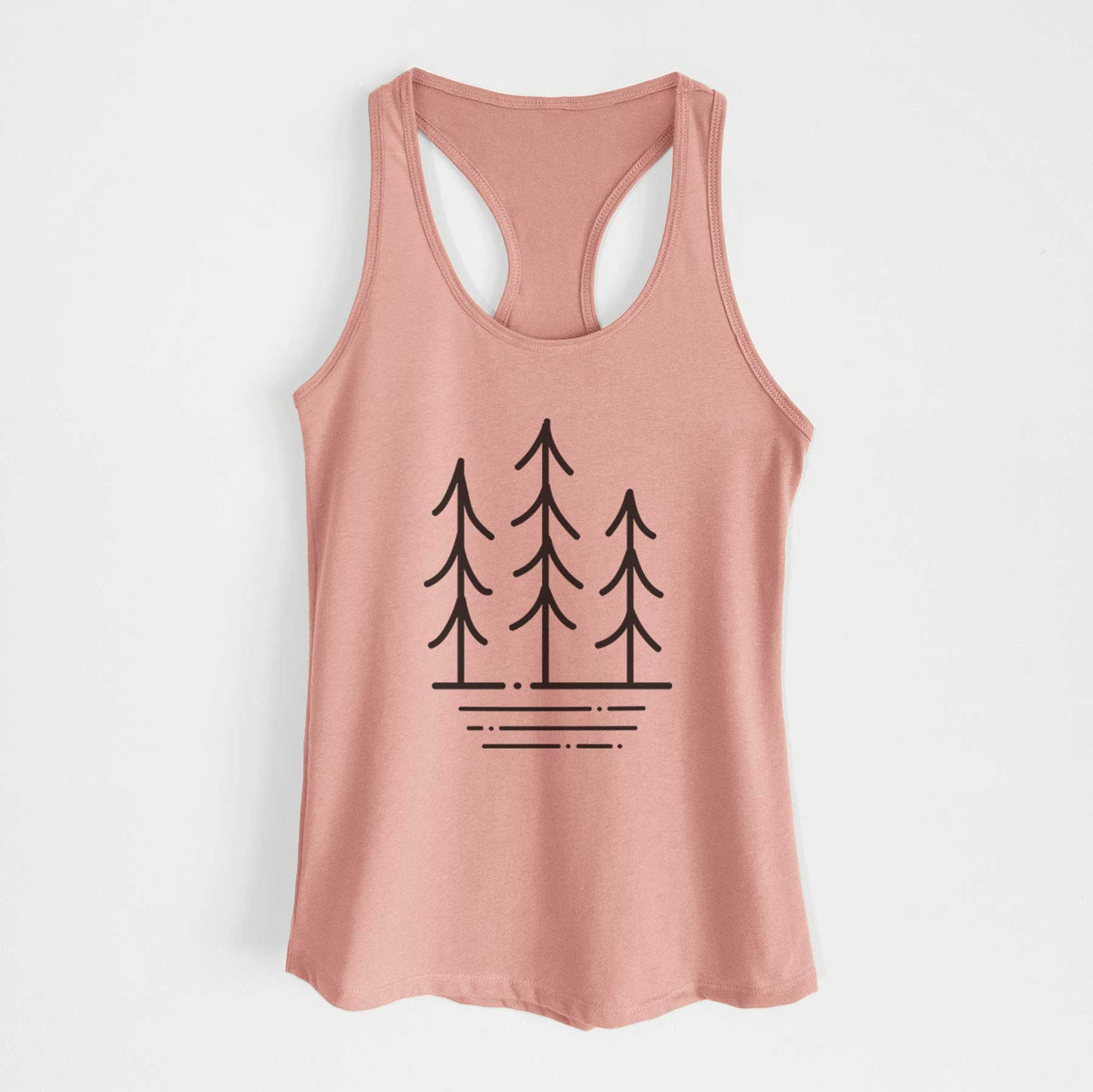 Desert pink women's racerback tank top laid flat, printed with black line art of three simple pine trees above horizontal lines.