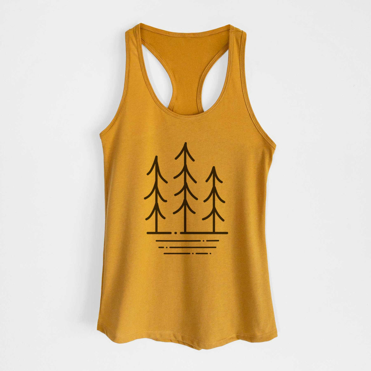 Gold women's racerback tank top laid flat, printed with black line art of three simple pine trees above horizontal lines.
