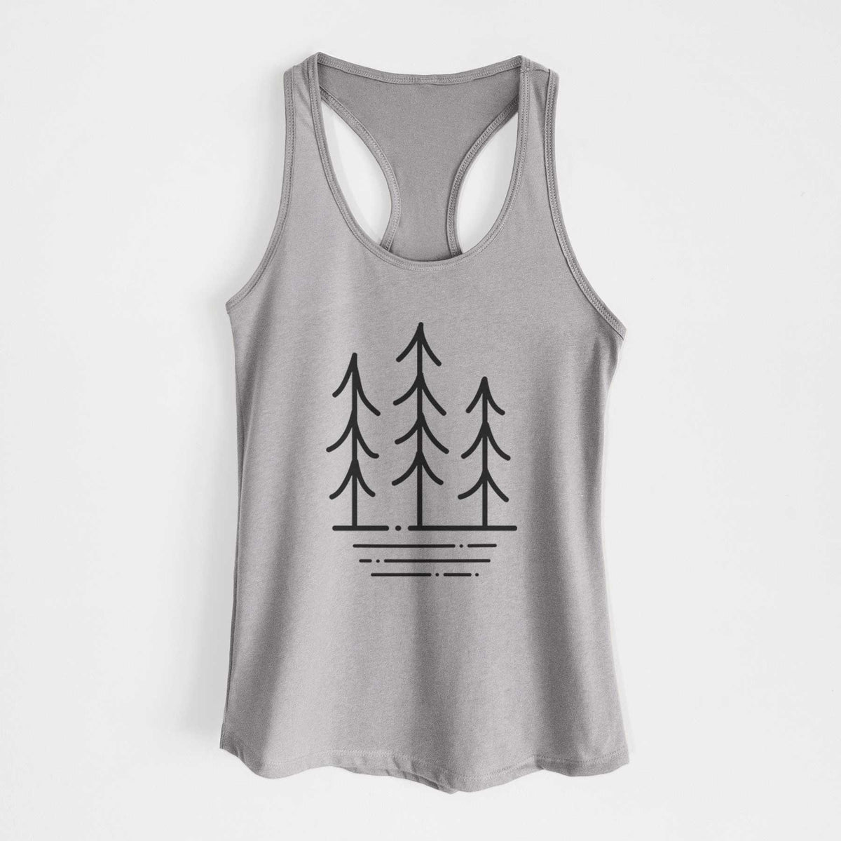 Heather grey women's racerback tank top laid flat, printed with black line art of three simple pine trees above horizontal lines.