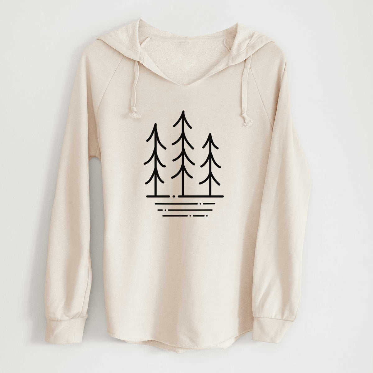 Bone cream women's Cali Wave hooded sweatshirt laid flat, printed with black line art of three simple pine trees above horizontal lines.
