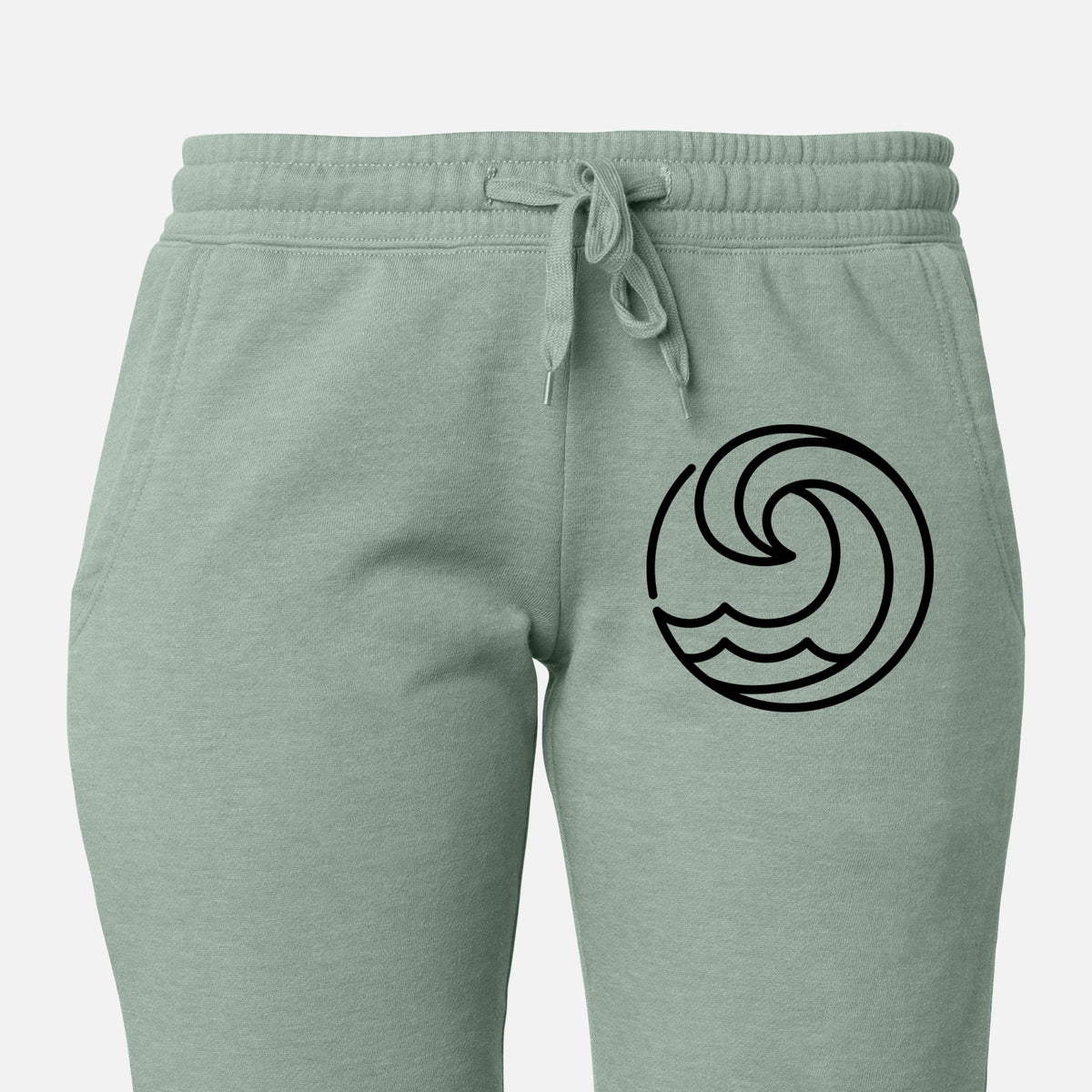 Front of sage green Cali Wave sweatpants, printed with a bold black line art circle of a curling ocean wave on the leg.