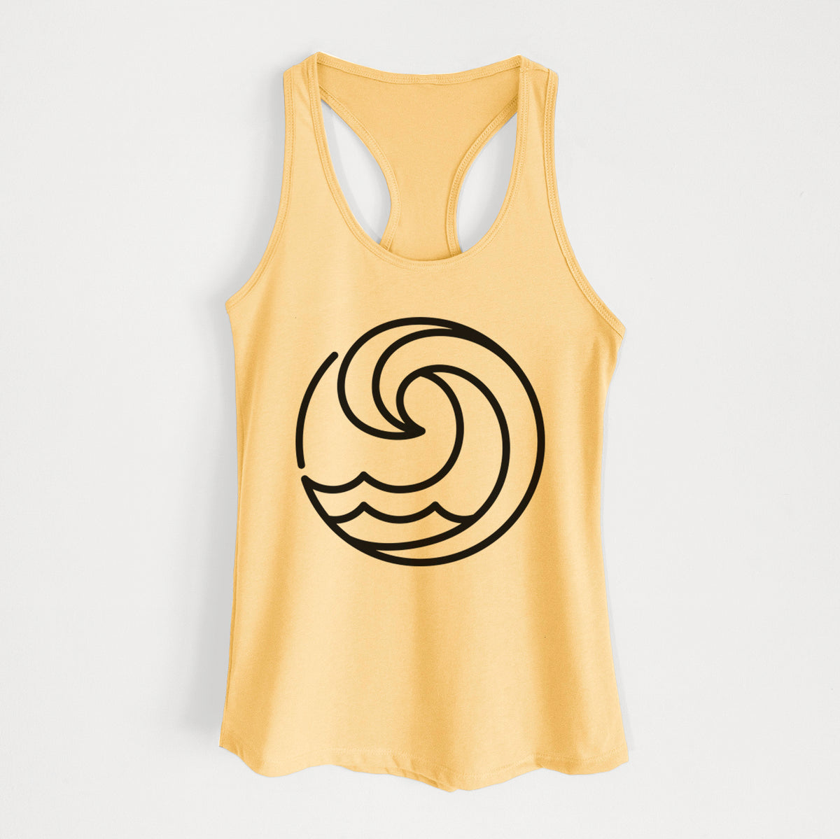 Banana cream women's racerback tank top laid flat, printed with a bold black line art circle of a curling ocean wave.