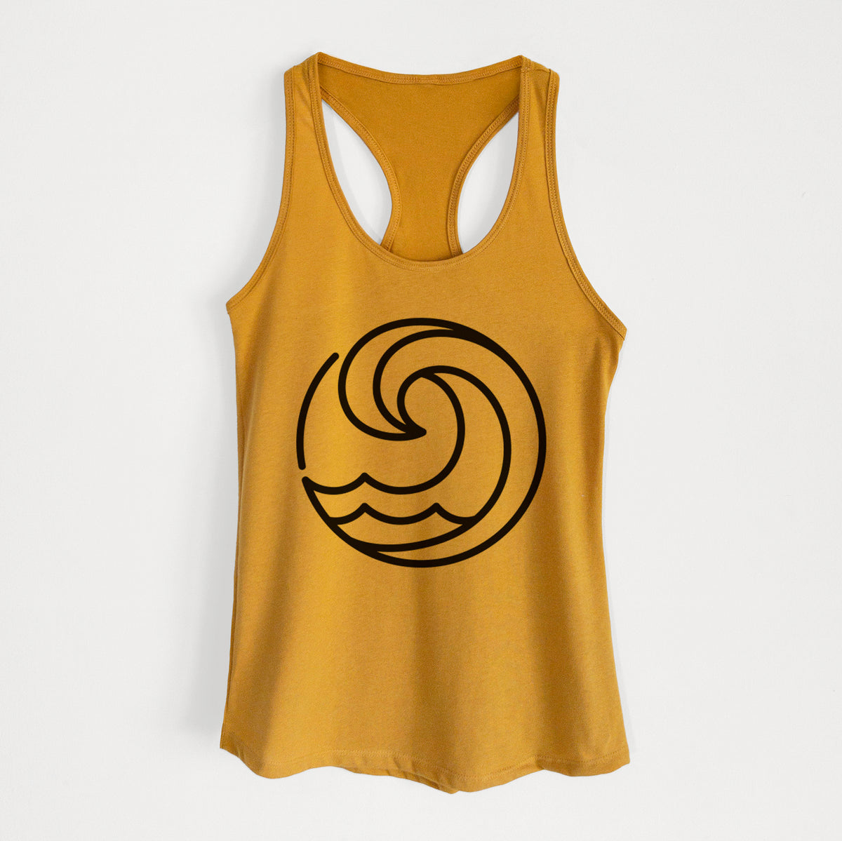 Gold women's racerback tank top laid flat, printed with a bold black line art circle of a curling ocean wave.