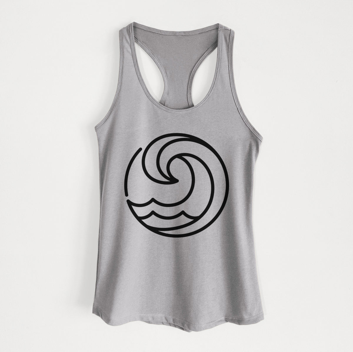 Heather grey women's racerback tank top laid flat, printed with a bold black line art circle of a curling ocean wave.