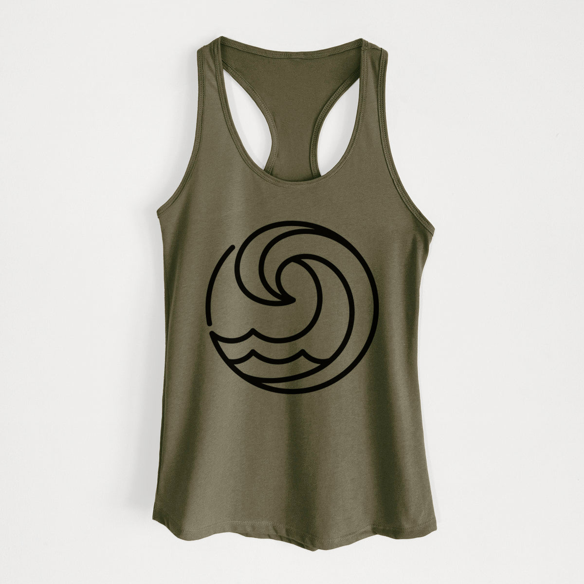 Military green women's racerback tank top laid flat, printed with a bold black line art circle of a curling ocean wave.