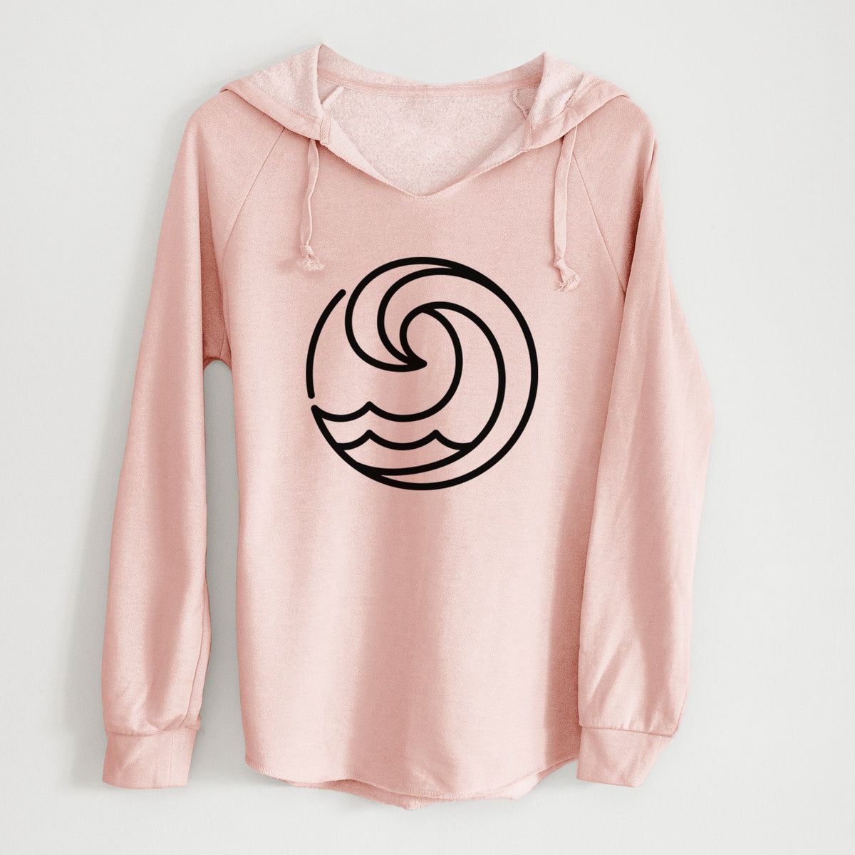 Blush pink women's Cali Wave hooded sweatshirt laid flat, printed with a bold black line art circle of a curling ocean wave.