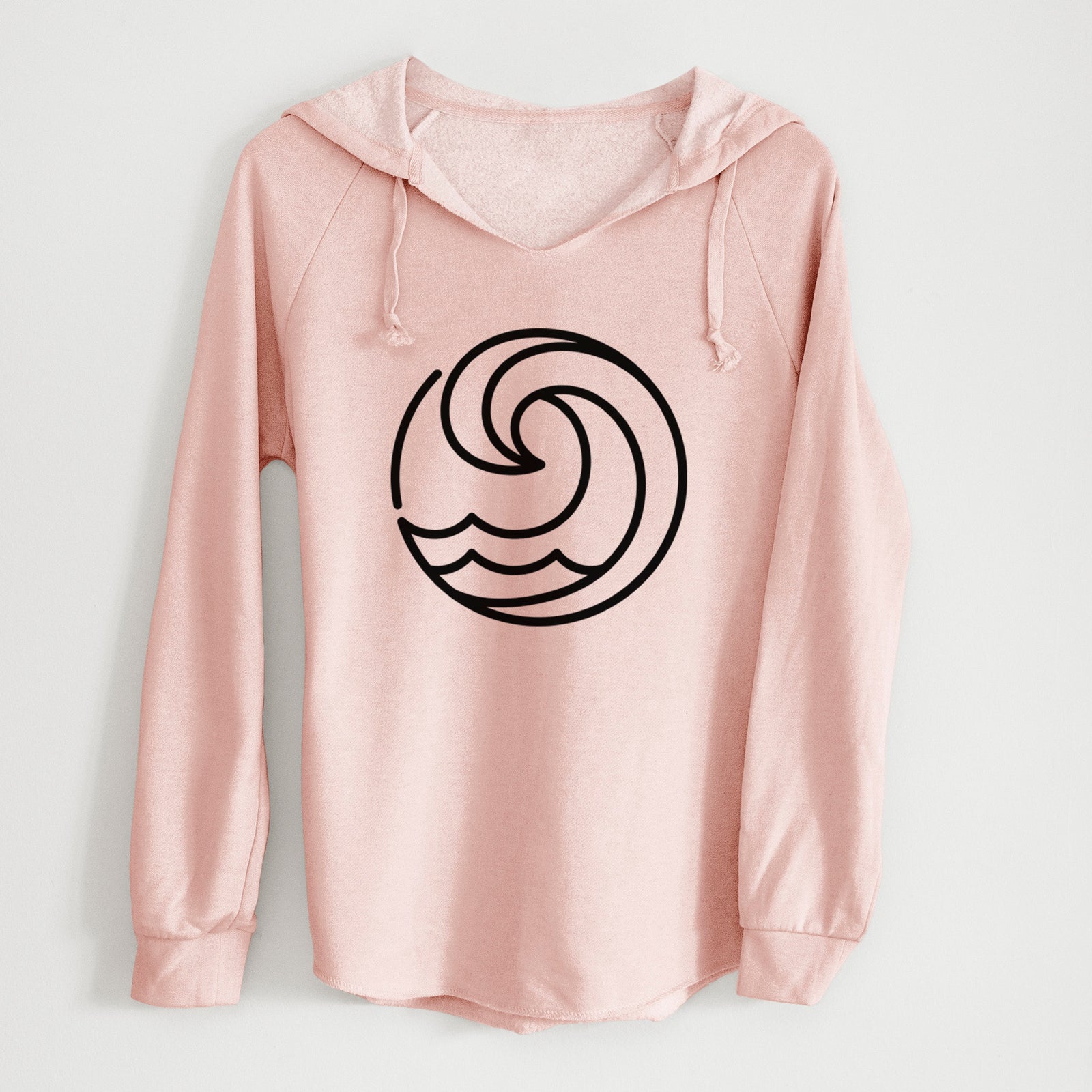 Sage green women's Cali Wave hooded sweatshirt laid flat, printed with a bold black line art circle of a curling ocean wave.